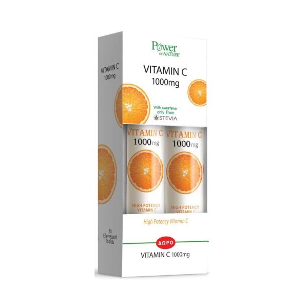 Power Vitamin C 1000Mg Stevia 24S Αναβράζουσα Promo (1+1 Δώρο)