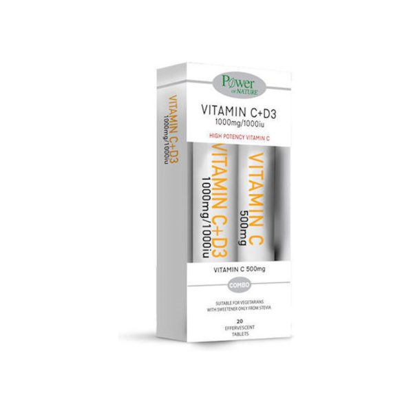 Power Vitamin C 1000Mg & D3 1000Iu Stevia 20S + Δωρο Vit C 500Mg 20S
